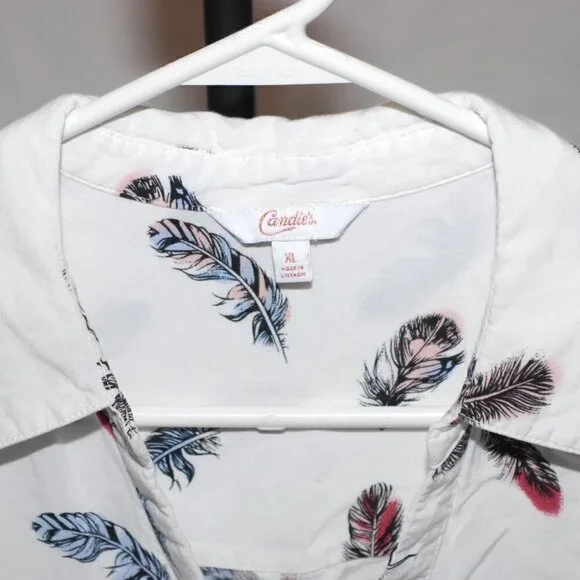 Candies Womens XL Feather Blouse Roll Tab Long Sleeve Hidden Button Down GUC - Picture 7 of 8